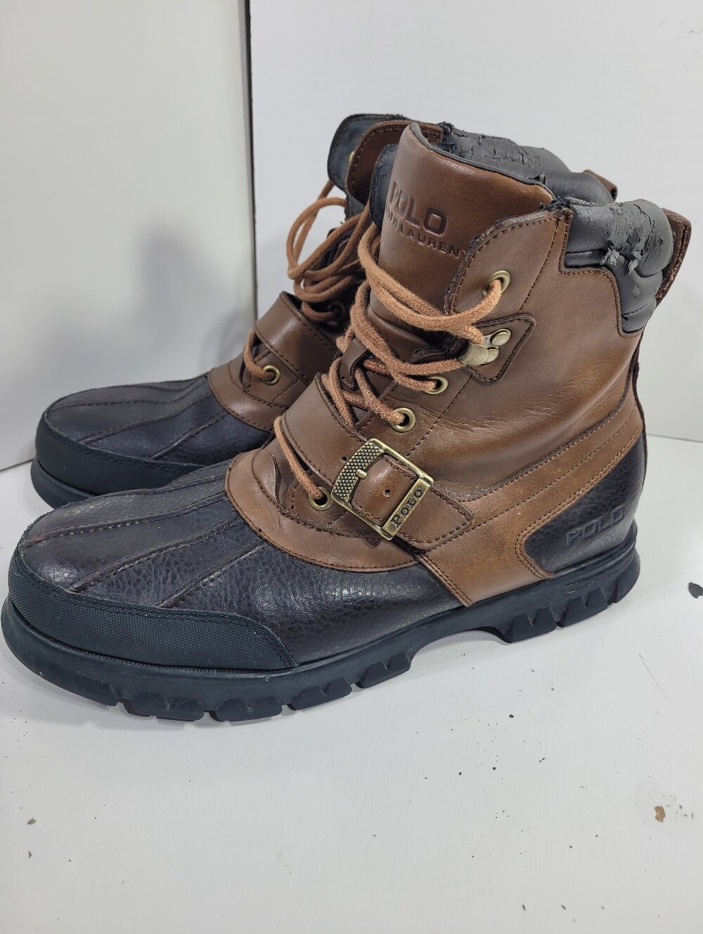 Polo Ralph Lauren Colbey Mid Men Duck Boots Brown Leather Buckle Strap Size 12 D